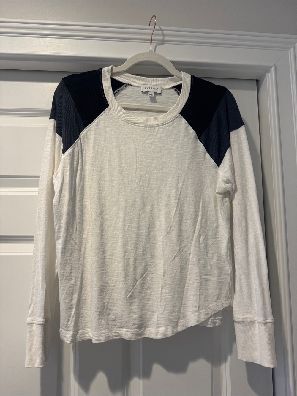Evereve White Long Sleeve Tee with Navy Shoulder Accents